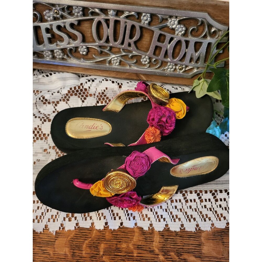 Vintage y2k Pink/Gold Candies  Rose Flip Flop sz M 7/8 Boho Glam Beach Vacation - Picture 2 of 5